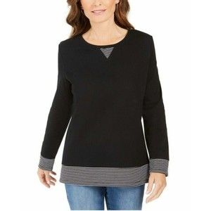 KAREN Scott Top Womens Size PL Black Stripes Long Sleeve Crew Neck Petites New